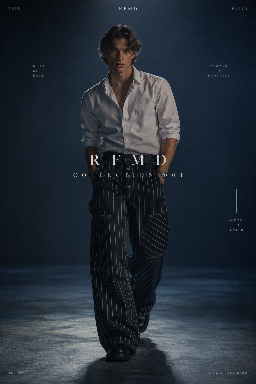 RFMD Collection 001 model wearing the pinstripe denim pants